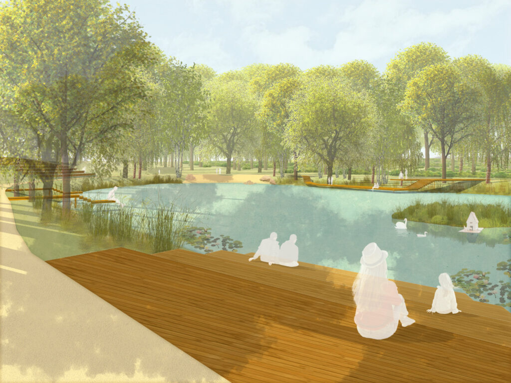 Plan eines Spielplatzes mit verschiedenen Spielbereichen und Aktivitäten im Freien.