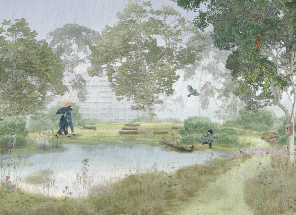 Lageplan eines Parks mit einem Teich, Wegen und verschiedenen Landschaftselementen.